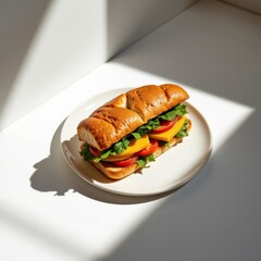 elegant sandwich placed in a corner on a white background with bright, direct sunlight, casting dramatic shadows over the dish and emphasizing its textures and colors.