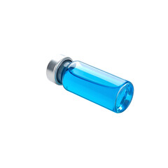clear glass vial containing bright blue liquid, featuring silver cap. This evokes sense of scientific exploration and innovation
