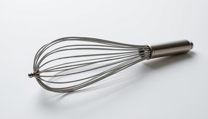 lone metal whisk on a white background, in a modern style, with vivid details, subtle reflection, even lighting, high resolution