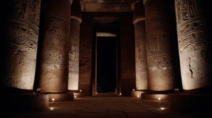 Fototapeta premium Illuminated Hieroglyphs Of Ancient Temple At Night