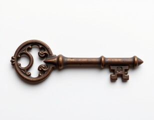 lone vintage key on a white background, in a modern style, with vivid details, subtle reflection, even lighting, high resolution