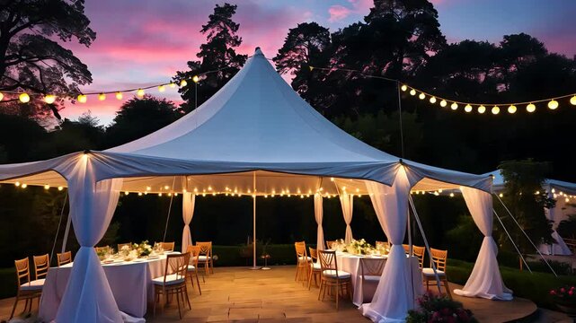 Elegant outdoor event tent with white canopy, softly lit tables, string lights, and trees at twilight creating warm festive atmosphere

