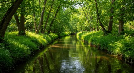 Obraz premium Photo of Serene River Flowing Through Lush Green Forest