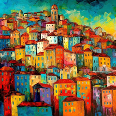 Naklejka premium A vivid and abstract cityscape with dynamic colorful buildings in red, orange, blue, and yellow, set against a deep blue sky, creating a striking visual impact.