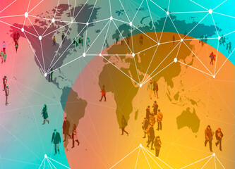 Abstract illustration of a world map with network connections and people representing global business and communication