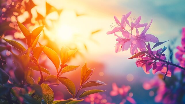 Vibrant and colorful floral bloom with soft blurred background in warm golden sunlight  and abstract floral scene with vivid petals and leaves