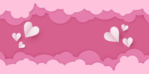 banner with pink sky and paper cut clouds, valentine's day template with hearts, rose cloudscape border frame pastel colors