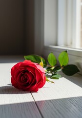 Photo of Single Red Rose on White Windowsill in Sunlight