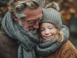 Warm embrace between a grandfather and granddaughter in winter attire.