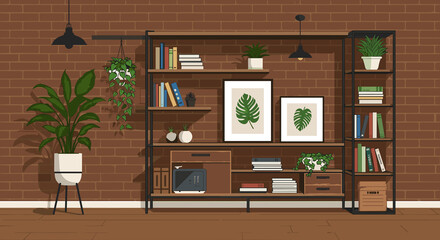 Loft-style shelving unit with indoor plants and framed art in warm colors and copy space