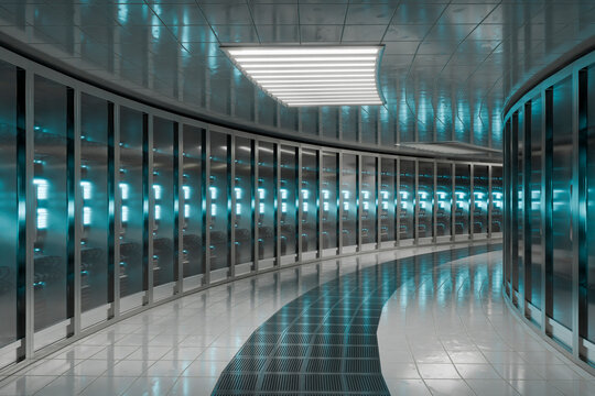 3D rendering of a modern server room with curved design and blue lighting