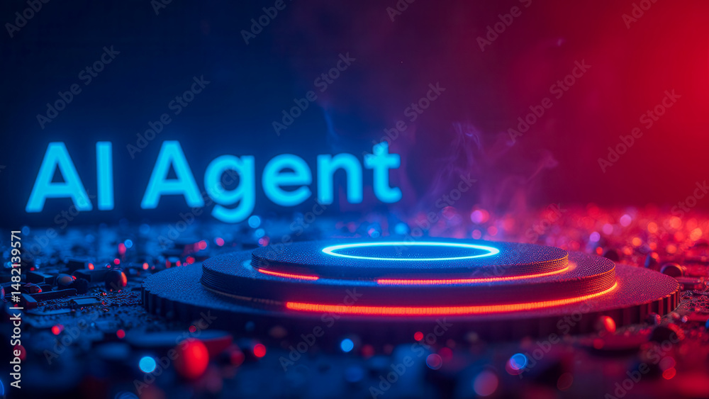 Poster futuristic tech concept with ai agent text and glowing circular platform design
