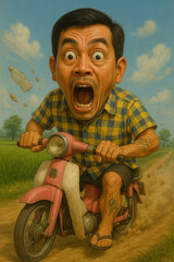 A young man drives an old motorcycle on a road in the middle of a rice field, feeling excited.