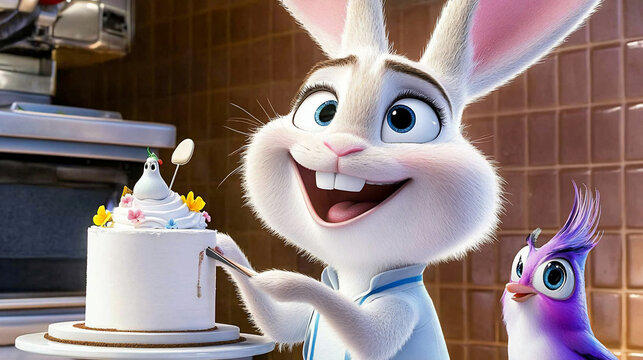 Animated bunny decorates cake