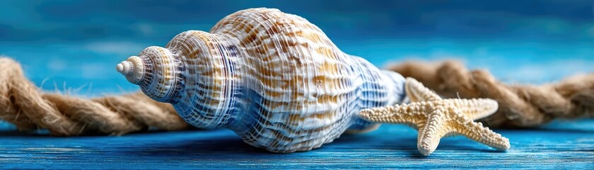 Obraz premium Beach scene on blue wooden background with colourful sea shells concept. Close-up of a beautiful shell on a blue background with rope.