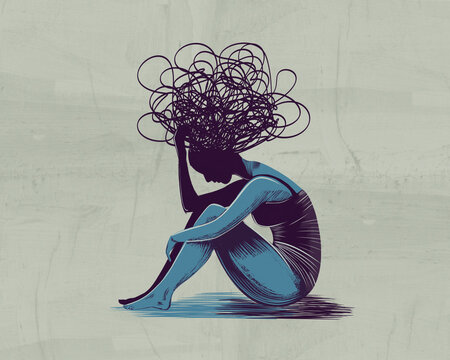 Illustration of a person with tangled thoughts representing anxiety and mental health issues