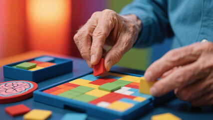 Fototapeta premium Elderly man using a colorful brain game set, close-up of hands moving pieces, emphasizing dementia prevention and active mind