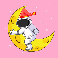 Cute Astronaut sleeping on the moon with a nightcap Vector Illustration Cartoon Design