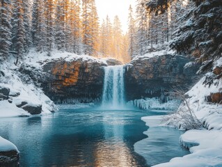 Frozen waterfall cascading into an icy river surrounded by frosted pines, Generative AI