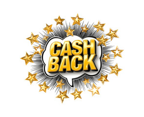 Cash back in an old-school silver and gold cartoon speech bubble, isolated on a transparent background