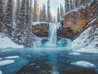 Frozen waterfall cascading into an icy river surrounded by frosted pines, Generative AI