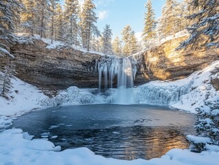 Frozen waterfall cascading into an icy river surrounded by frosted pines, Generative AI