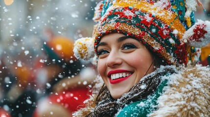 cheerful holiday parade with colorful floats, performers, and softly falling snow, Generative AI
