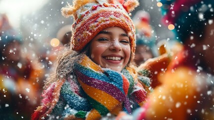 cheerful holiday parade with colorful floats, performers, and softly falling snow, Generative AI