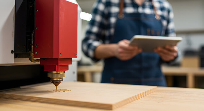 Close Up of Wood Router Carving Plywood Plank with Worker Holding Tablet in Background with Neutral Lighting and Shallow Depth of Field
