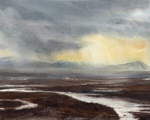 Watercolor Realistic Mountain River Landscape Illustration, Serene Nature Scene