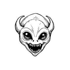 Monochrome depiction showcasing a fantastical horned creature with a sinister grin