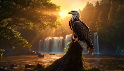 Eagle flying freely above the sky, with a stunning mountain backdrop at sunrise view