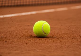 Bright yellow tennis ball on red clay court surface close up