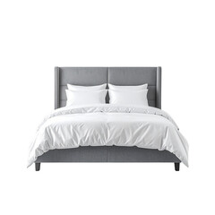 modern, stylish bed with gray upholstered headboard and white bedding, creating cozy and inviting atmosphere for relaxation and sleep