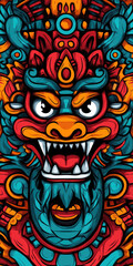 bold and artistic portrayal of a mythical face with intricate designs and striking color contrasts.