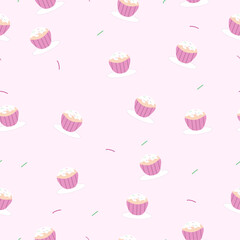 Seamless pink cupcake pattern with white frosting, sprinkles, and sugar crystals on pastel pink background. Ideal for textiles, packaging, wallpapers, and digital backgrounds