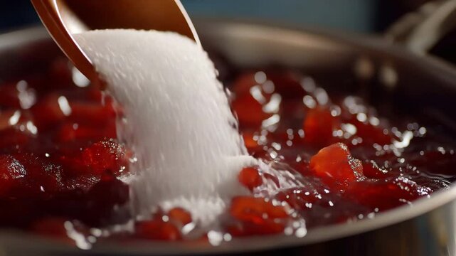 Close-up of adding sugar to a delicious compot in a pot on the stove