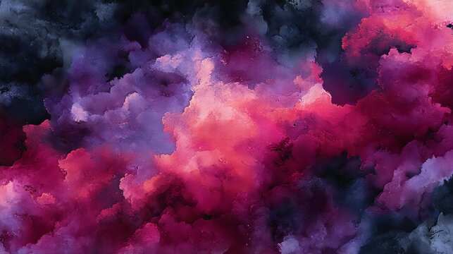 Fantasy-inspired abstract watercolor background blending black, dark purple, burgundy and magenta hues with chaotic grunge daub stains, smoky fog accents and dramatic storm-cloud