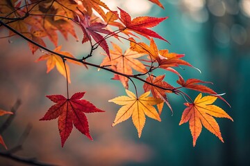 Vibrant Autumn Maple Leaves on Branch Against Soft Teal Background