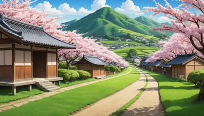 Fototapeta premium Serene Japanese Village Pathway Cherry Blossoms Spring Scenery Asian Architecture Lush Green Rice