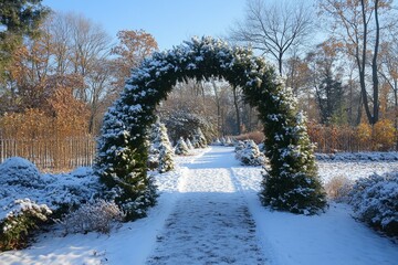 Frosted evergreen trees forming a natural arch over a snowy path, Generative AI