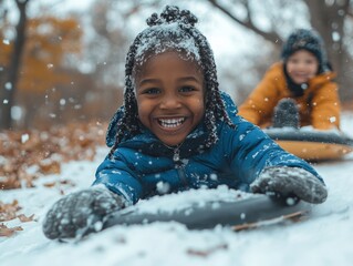 Children giggling as they race sleds down a hill in the park, Generative AI
