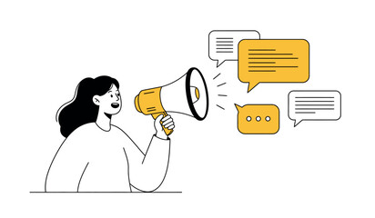 Female asian adult communicates with megaphone and speech bubbles