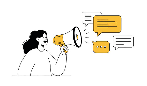 Female asian adult communicates with megaphone and speech bubbles