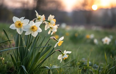 White Daffodils Blooming in a Field at Sunset Golden Hour