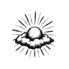 Monochrome illustration of sun peering through cloud with radiating beams
