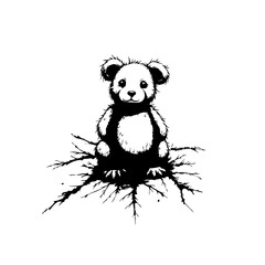 Monochrome illustration of a stylized bear cub sitting amidst branching lines