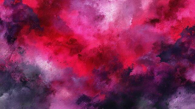 Fantasy-inspired abstract watercolor background blending black, dark purple, burgundy and magenta hues with chaotic grunge daub stains, smoky fog accents and dramatic storm-cloud