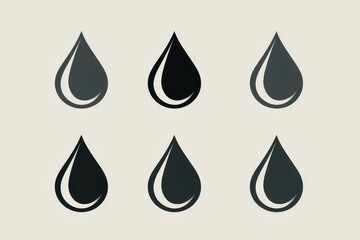 Six stylized black water drops on a beige background.
