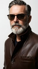 Fototapeta premium Man in Leather Jacket with Sunglasses and Gray Beard Isolated Against White Backdrop Embodying Timeless Fashion and Rugged Elegance Ideal for Style Editorials